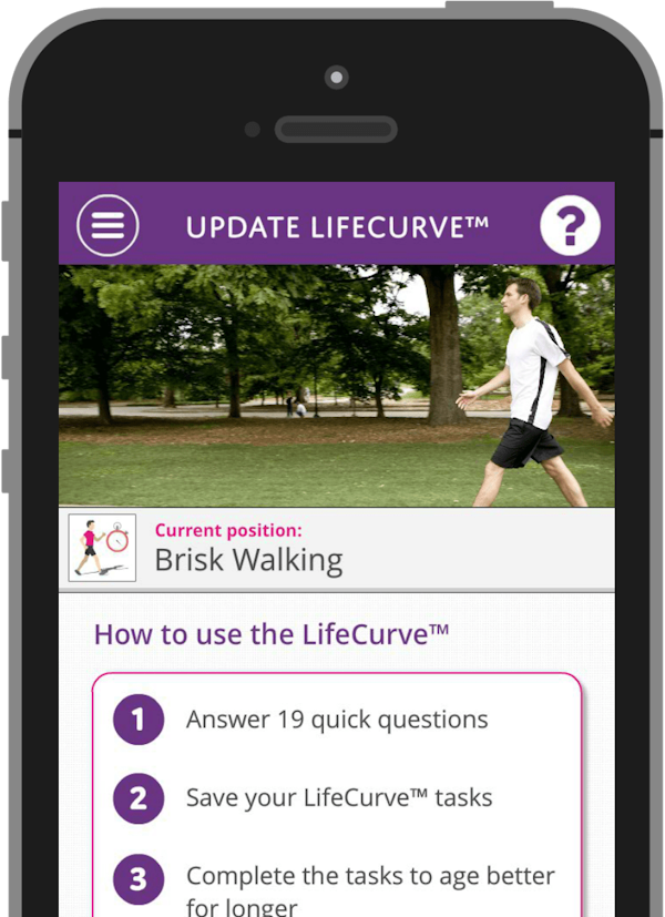 An illustration of a mobile phone with the LifeCurve App on its screen