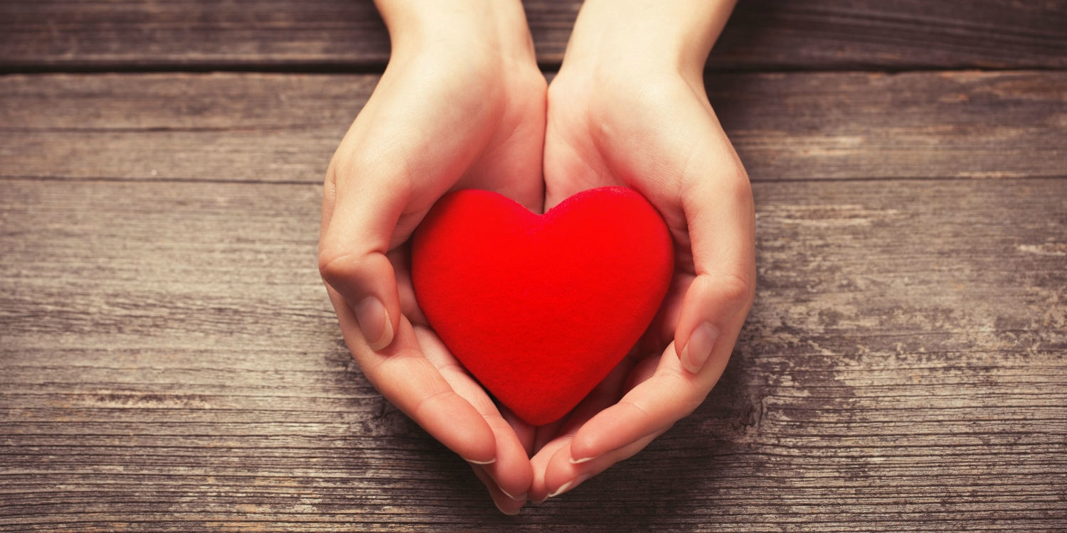 A photo of two hands cupping a plush red heart